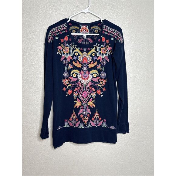 Johnny Was Ioana Thermal Long Sleeve Top Embroidered Waffle Boho Navy Sz M - Picture 2 of 11